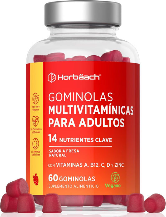Gominolas Multivitaminas Y Minerales | 14 Multivitaminas Y Minerales Con Vitamina A, B12, C, D Y Zinc | 60 Gummies Sabor Fresa | De Horbaach